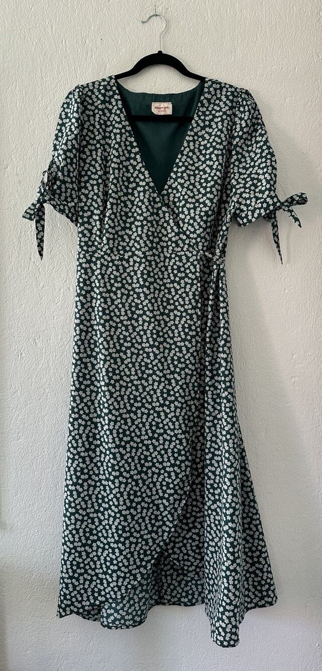 Showpo Green Floral Wrap Dress Midi Tie Sleeve V Neck Ditsy Print Cottage Sz 12